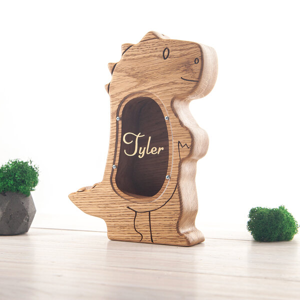 T-rex dinosaur piggy bank, gift for kids, coin bank, wooden animal money box