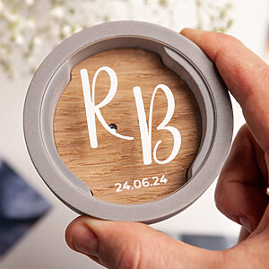 Gray Wedding Gypsum Ring Pillow - Elegant Ring Bearer Box with Oak Insert, Ribbon for Securing Rings, Customizable and Handmade for Your Ceremony