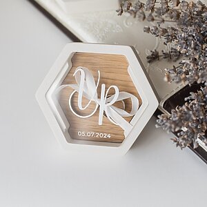 Hexagonal wedding ring dish with customizable design, perfect alternative to traditional ring boxes for your ceremony