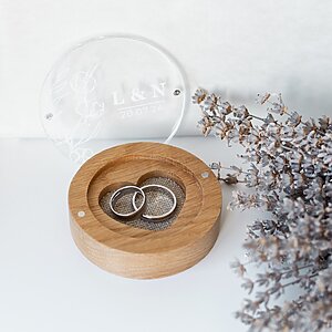 Wooden Ring Box with Heart-Shaped Slot and Linen Cushion Inside.