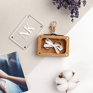 Close-up of oak wedding ring box for dog