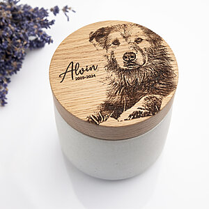 white concrete urn for dog ashes with oak lid