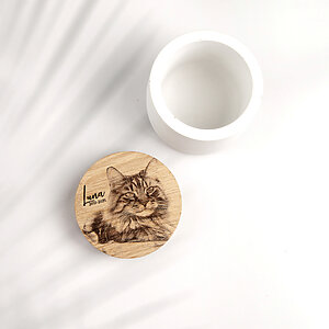 handmade concrete cat urn with engraved oak lid