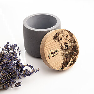 gray concrete urn for dog ashes with oak lid