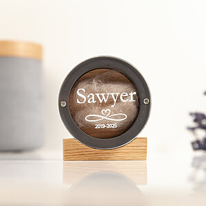 Sawyer personalized dog hair keepsake case with visible pet fur