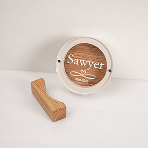 Round white gypsum and oak dog hair keepsake box with custom pet name and dates