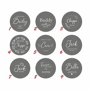 Round white gypsum and oak wood personalized pet fur keepsake box, top-down view showing custom pet name UV-printed lid, resting next to a small wooden easel and a dried lavender sprig.