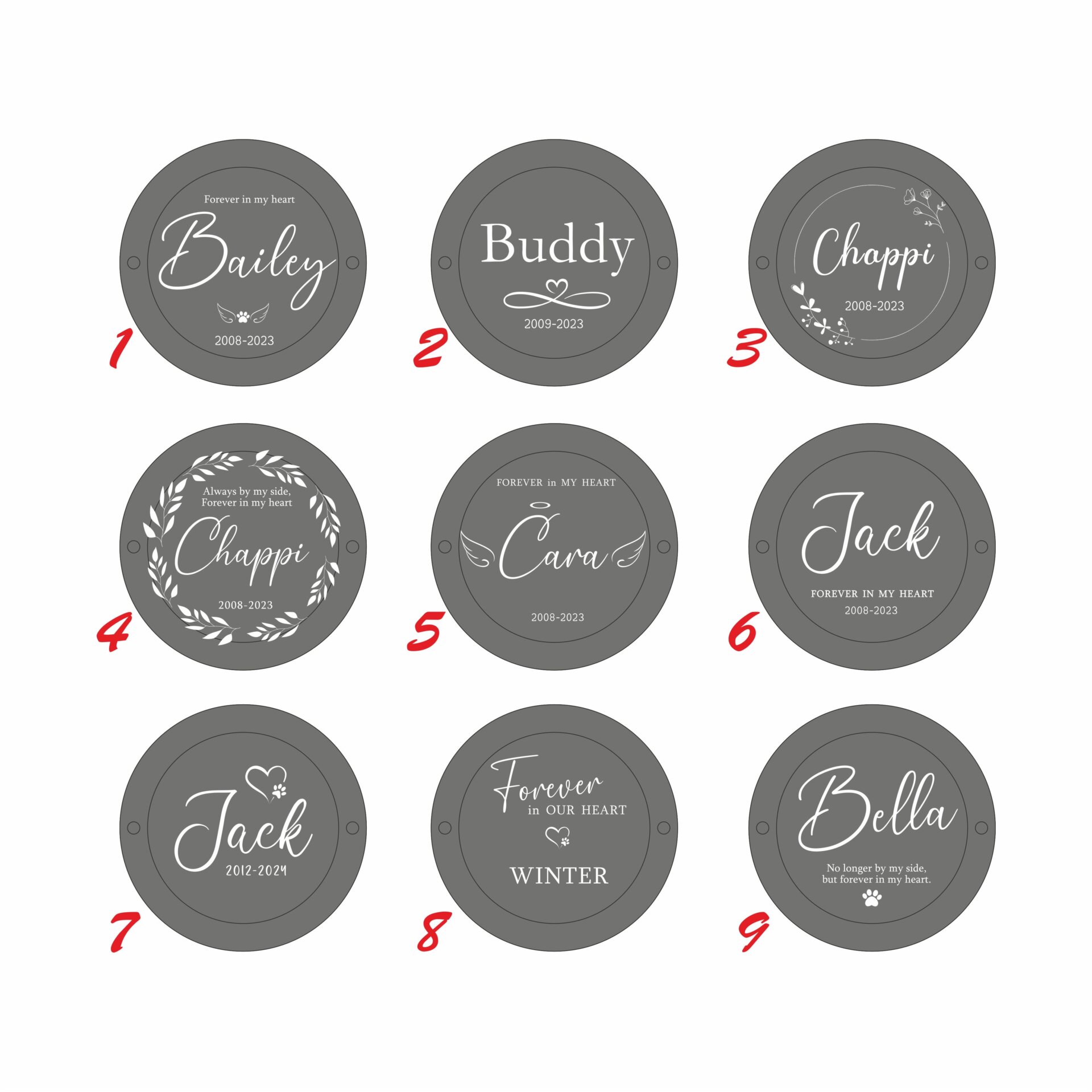 Round white gypsum and oak wood personalized pet fur keepsake box, top-down view showing custom pet name UV-printed lid, resting next to a small wooden easel and a dried lavender sprig.